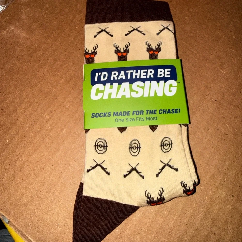 I'd Rather Be Chasing Tail Hunting Socks Men OSFM NEW Novelty Deer Rifle Tan